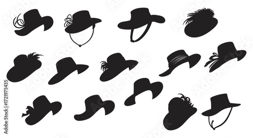 Silhouettes of various women's hats with different shapes and decorations.