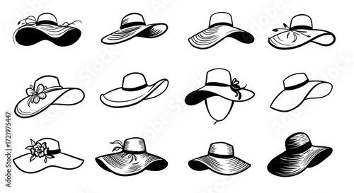 Collection of twelve different sun hats with wide brims, some decorated with flowers and ribbons.