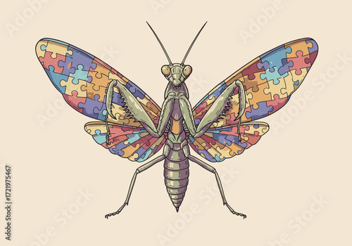Puzzle Winged Praying Mantis Illustration with Detailed Features.