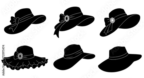 Six black silhouette hats with ribbons and embellishments.