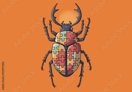 PuzzlePiece Beetle Illustration on Orange Background.