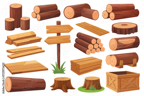 Wood tree logs stumps trunks wooden pieces flat cartoon vector illustration lumber firewood branches lumberjack materials campfire