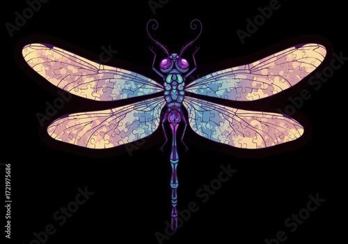 Stylized Dragonfly Illustration with Puzzle Piece Wing Texture on Black.