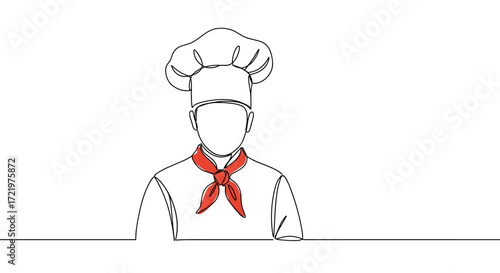 Outline drawing of chef wearing hat and red scarf in minimalist style with copy space