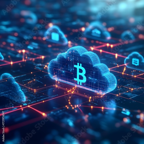 Glowing bitcoin symbol on a digital cloud network