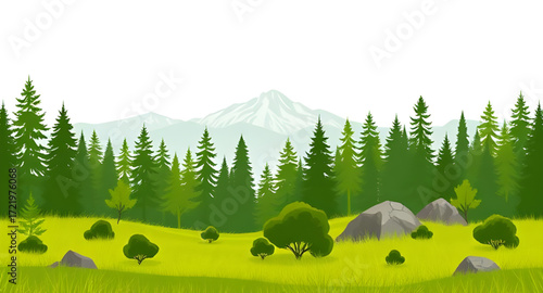 cartoon forest path illustration, cartoon nature park scene, cartoon lush greenery, cartoon oak trees, cartoon evergreen forest, cartoon enchanted woods, cartoon fantasy landscape, cartoon scenery wit