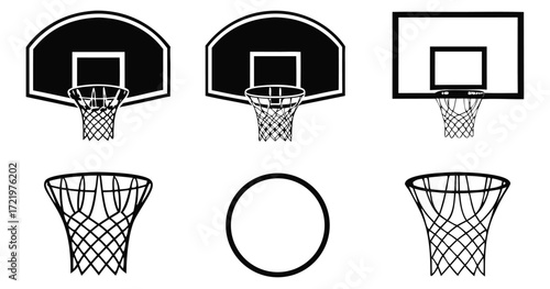 Vector art of various basketball hoops and nets isolated on white background, showcasing different designs and styles for sports equipment and athletic activities, vector illustration