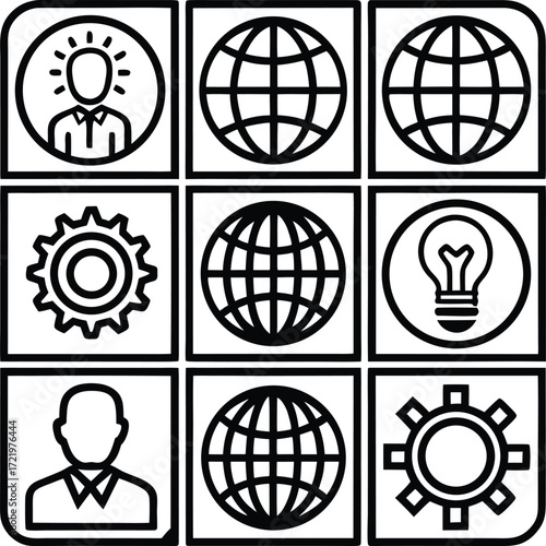 Nine grid icon set featuring global business innovation strategy and teamwork concepts for digital platforms