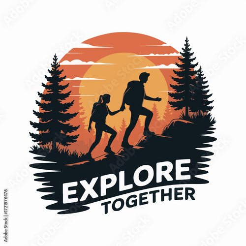 Couple Hiking in Mountains Adventure Vector Art