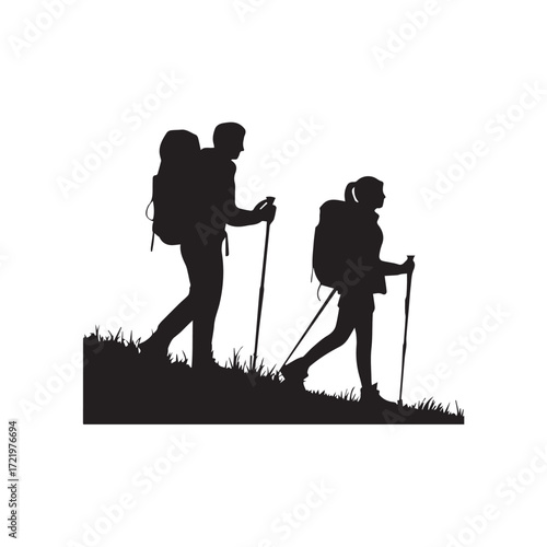 Silhouette of Hiking Couple Walking with Backpacks Vector Illustration