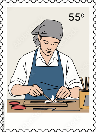 A postage stamp depicting an artisan. A symbol of preserving heritage, disappearing professions, manual labor, and traditional skills in the modern era.