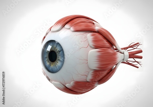 A detailed anatomical rendering of a human eye with visible muscles and blood vessels on white background