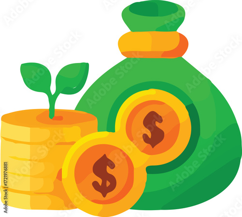 Money bag with coins and a sprout growing from stacked coins