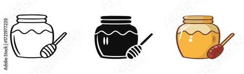 simple vector of honey dripping from dipper into jar 
