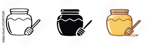 simple vector of honey dripping from dipper into jar 
