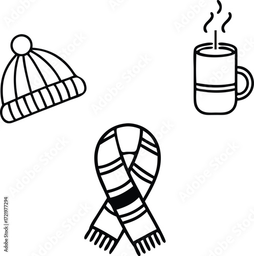 Essential elements for staying warm and cozy in winter, featuring a classic knit hat, a patterned scarf, and a steaming mug, representing comfort and cold weather activities