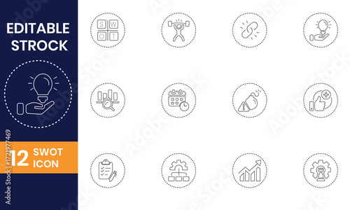 Vector art of collection of swot analysis icons representing business strategy and planning strengths, weaknesses, opportunities, and threats concept