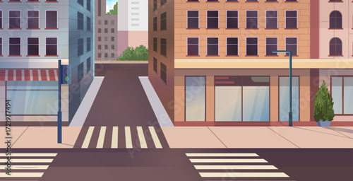  Stylized city street with crosswalk, buildings, and traffic light. Perfect for themes of modern living and infrastructure. Vector Not AI generated