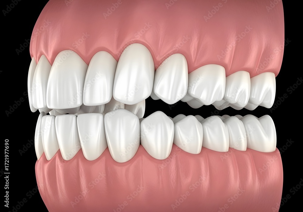 Obraz premium Close up view of teeth and gums with a slightly crooked tooth on a black background display
