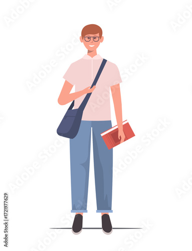 Portrait of smiling schoolboy with a bag over her shoulder and holding a red book in his hand. Happy teen male child in eyeglasses. Vector Not AI generate