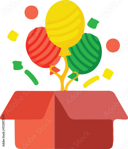 Open red box with balloons and confetti spilling out
