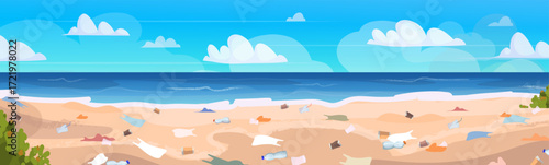 Pollution on a tropical beach with plastic debris and trash contaminating the natural coastline. Environmental pollution. Ecological problem. Vector Not AI generated