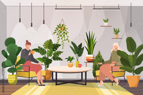 Two women relaxing in comfortable chairs, surrounded by houseplants. Home gardening and growing indoor plants. Vector Not AI generated