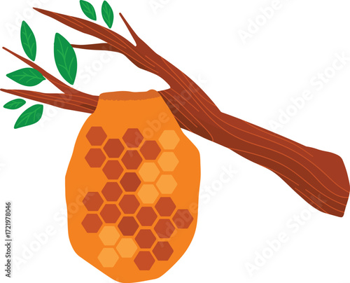 Orange honeycomb hanging from a tree branch with green leaves