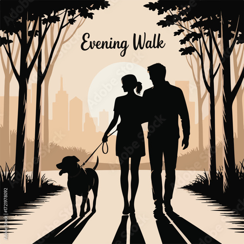 Couple and Dog on an Evening Walk Silhouette