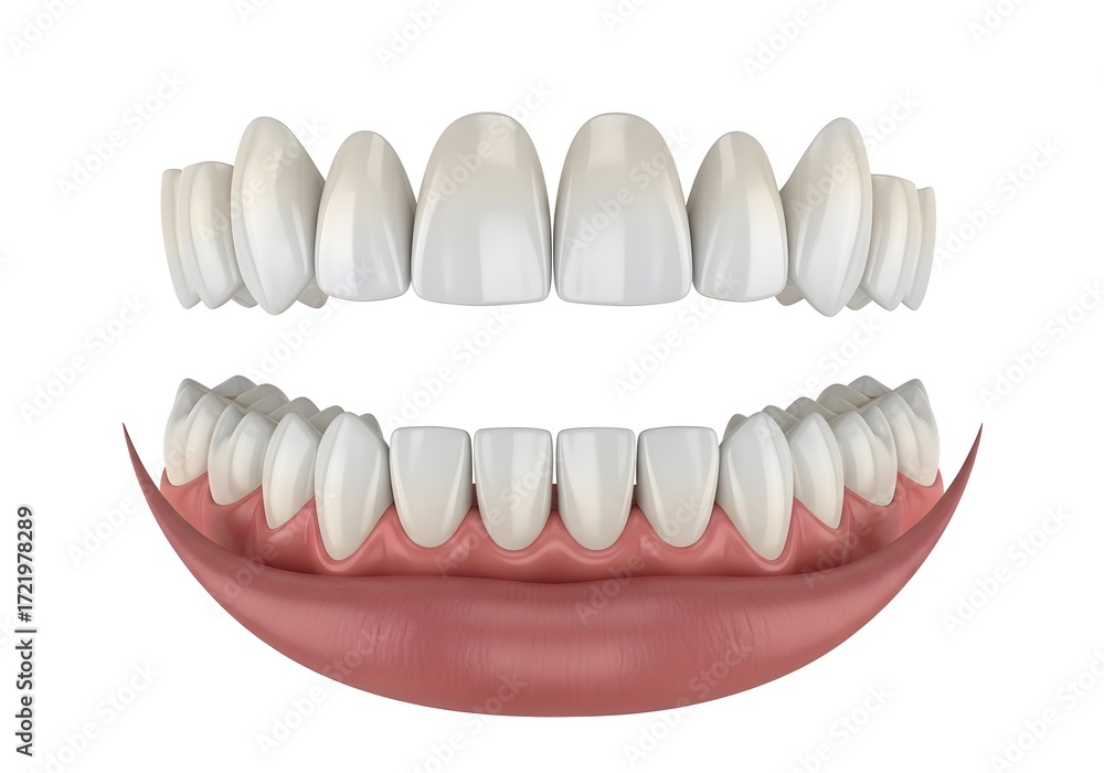 Fototapeta premium A dental model showcasing upper and lower teeth with gums on a plain white background display