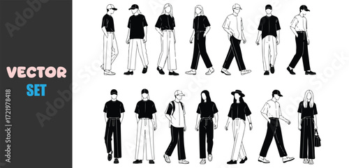Collection of diverse fashion illustrations of people in casual and stylish outfits
