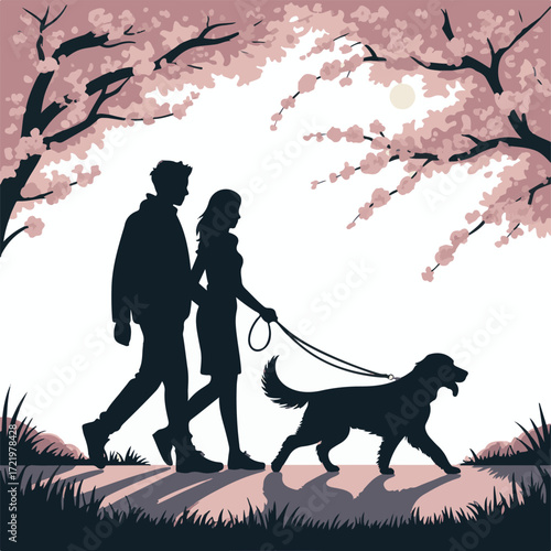 Couple and Dog on an Evening Walk Silhouette