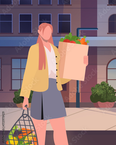 Urban scene with woman holding paper and mesh grocery bag filled with fresh produce. Concept of healthy lifestyle, sustainable consumption, and urban eco consciousness. Vector Not AI generated