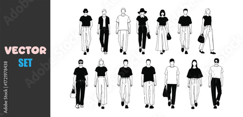 Fashionable people in stylish outfits drawn in a modern line art style