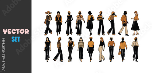 Collection of fashionable women posing in stylish outfits