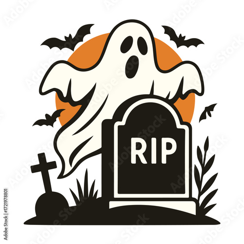 Ghost with RIP Tombstone and Crosses Halloween Vector Illustration