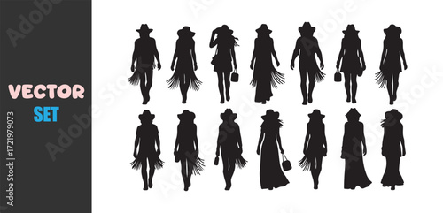 Fashionable women silhouettes with hats and handbags in various poses