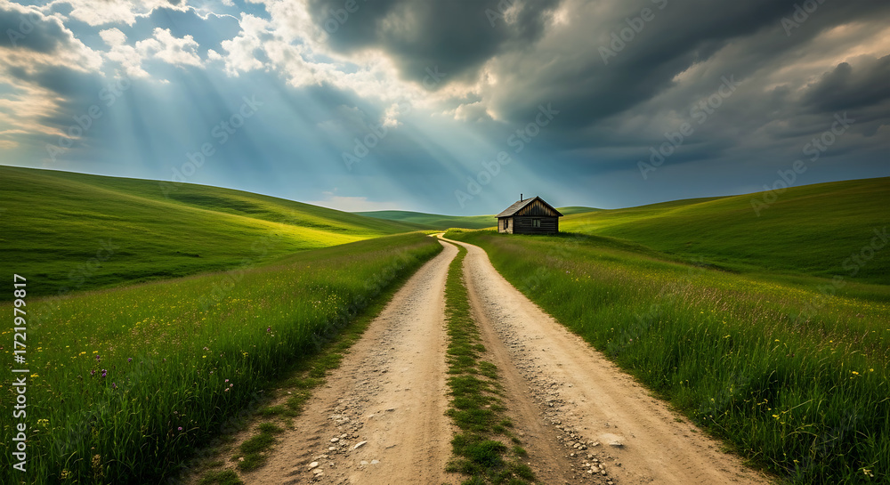 Obraz premium Dirt road leads to a solitary house under dramatic sunbeams