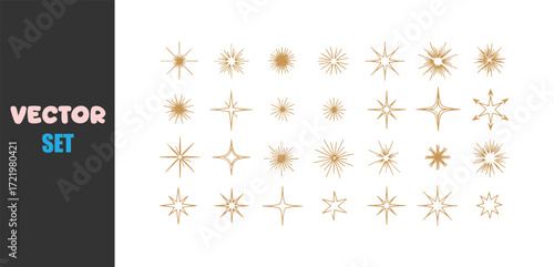 Collection of abstract golden starburst and sparkle graphic elements