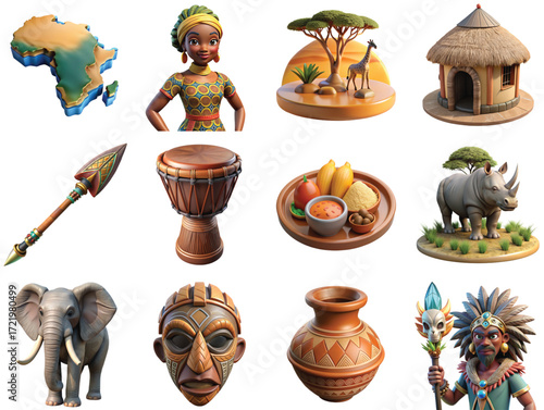 3d icons of african culture and heritage, including tribal mask, drum, baobab tree, continent shape, local fauna