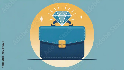 Illustration of a blue briefcase with a diamond on top against a yellow and blue background


