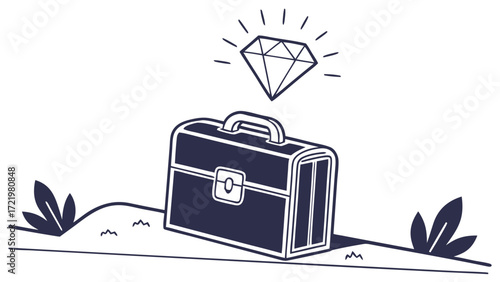 A briefcase sits on a hill with plants and a diamond above it suggesting wealth and success illustration