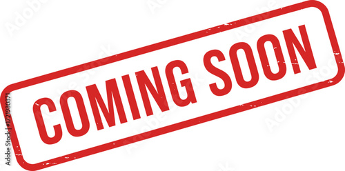Coming soon stamp red box announcement text graphic design element for marketing isolated on transparent background