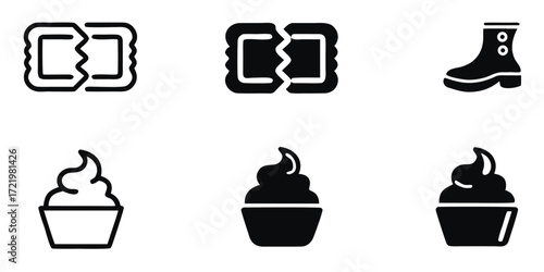 Charming icons of a broken chain, event ticket, boot, and delectable cupcake delight, perfect for a lifestyle blog or modern app design, capturing simple pleasures and everyday elements