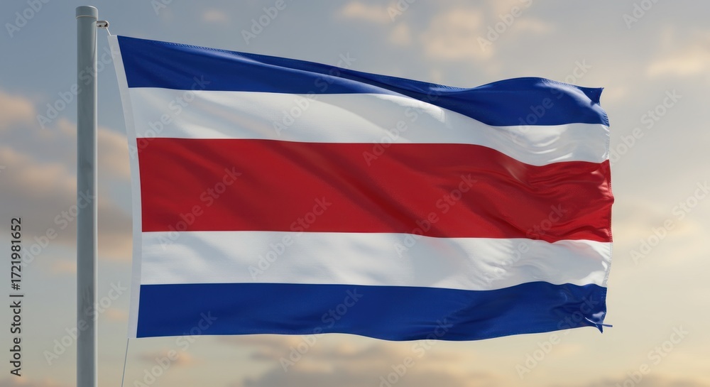Naklejka premium A flag of Costa Rica waves on a flagpole against a sky with clouds