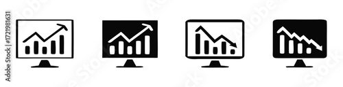 Financial charts showing market trends on computer screens, illustrating both growth and decline, perfect for reports, presentations, or visualizing economic performance 