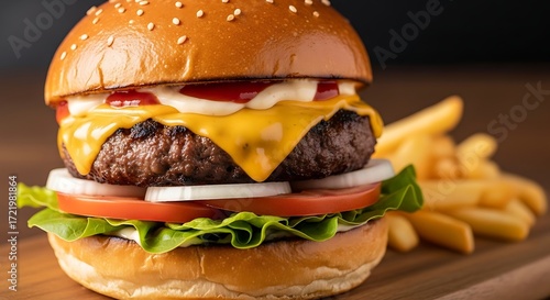 Juicy gourmet hamburger with melted cheese and fresh toppings served with french fries