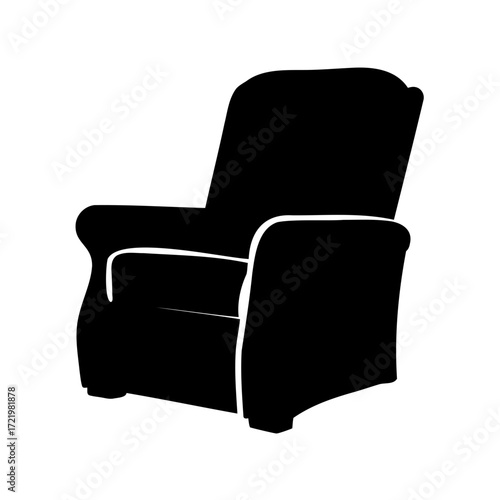 Black and white silhouette illustration of a comfortable recliner armchair design
