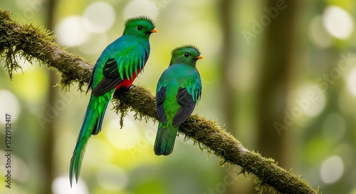 Two resplendent quetzals perched on a mossy branch in a lush rainforest