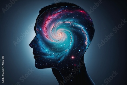 Colorful galaxy swirling inside a human silhouette with space themes